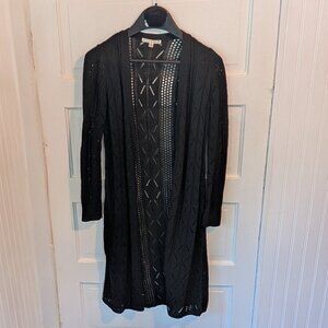Cyrus duster cardigan in black open knit lace pattern, size S